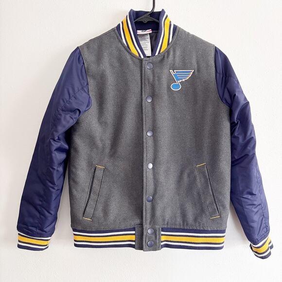 St Louis Blues Hockey Team Letter Jacket Style Youth Gray and Navy Front Snaps - Picture 1 of 12
